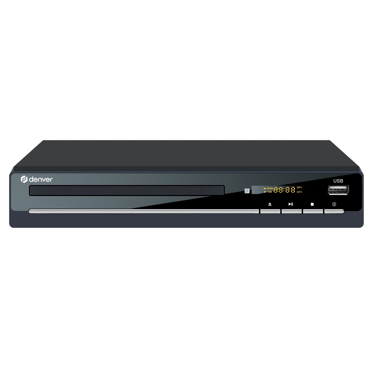 Denver DVH-7787 DVD-afspiller, sort front, frontindlæsning, digitalt display, kontrolknapper, HDMI, Scart og USB-højre.