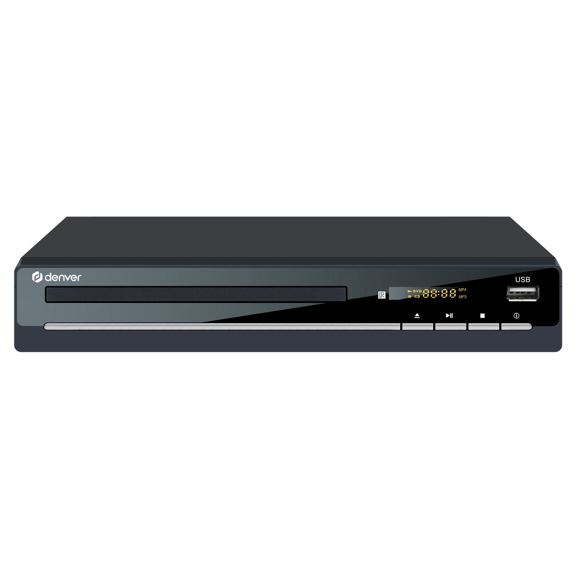 Denver DVH-7787 DVD-afspiller, sort front, frontindlæsning, digitalt display, kontrolknapper, HDMI, Scart og USB-højre.