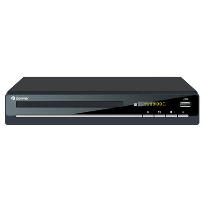 Denver DVH-7787 DVD-afspiller, sort front, frontindlæsning, digitalt display, kontrolknapper, HDMI, Scart og USB-højre.