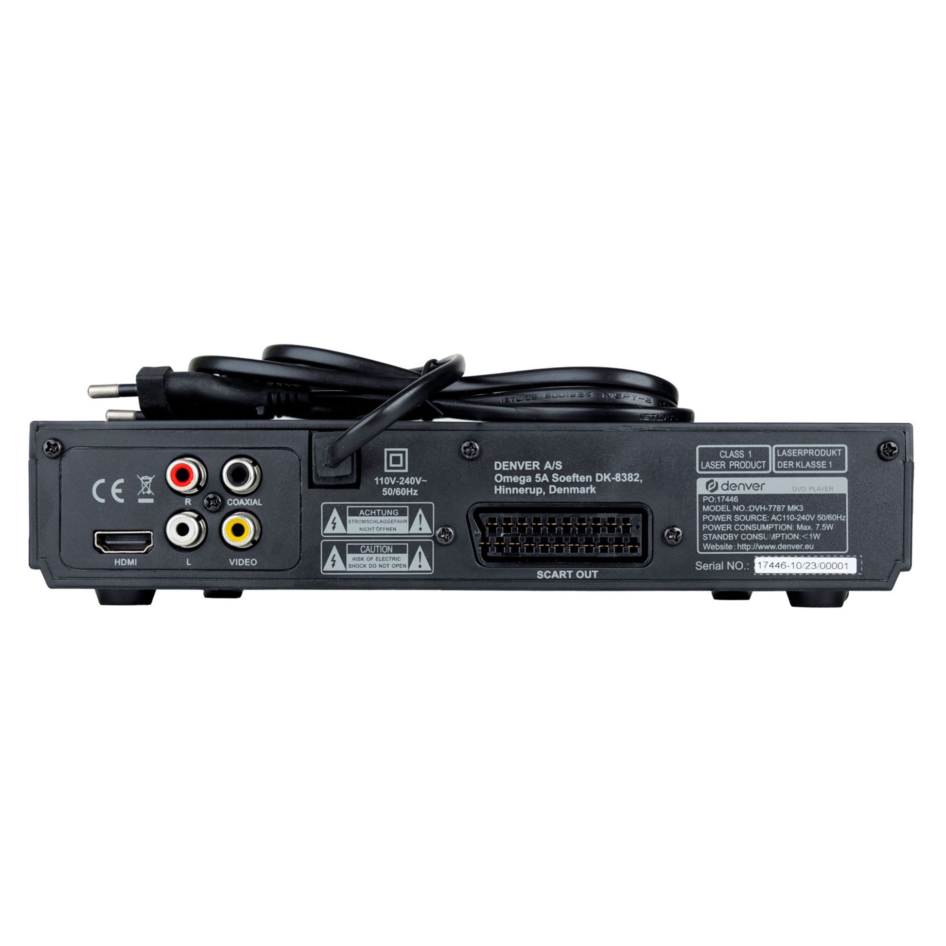 Denver DVH-7787 DVD-afspiller bagside med HDMI, Scart, RCA og coaxialporte, strømindgang, advarselsmærkat, serienummer.