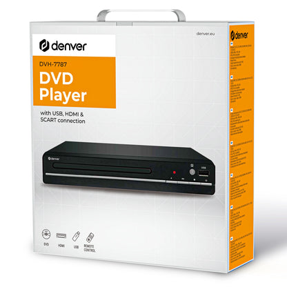 Denver DVH-7787 DVD-afspiller med HDMI, Scart, 1080p og USB medieafspiller vist på æske med orange tekst.