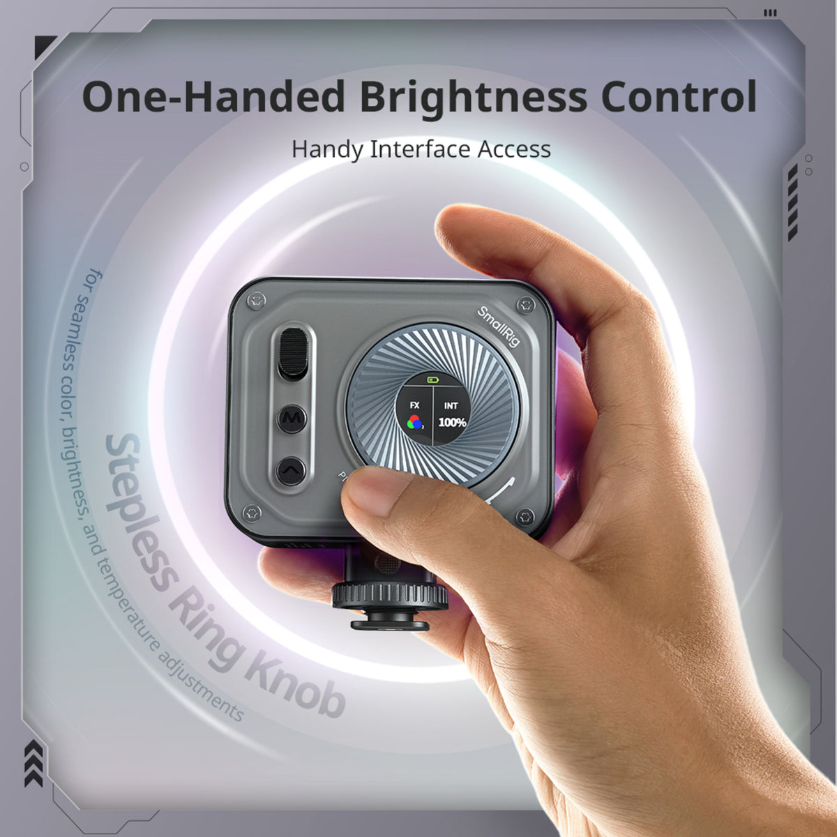 SmallRig Vibe P108 Pro RGBWW mini-LED-videolampe med centralt indstillingshjul og statusdisplay.
