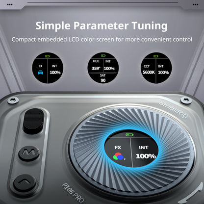 SmallRig Vibe P108 Pro RGBWW mini-LED-videolampe med rund LCD-skærm, indstillingsknapper og tre interface-ikoner.