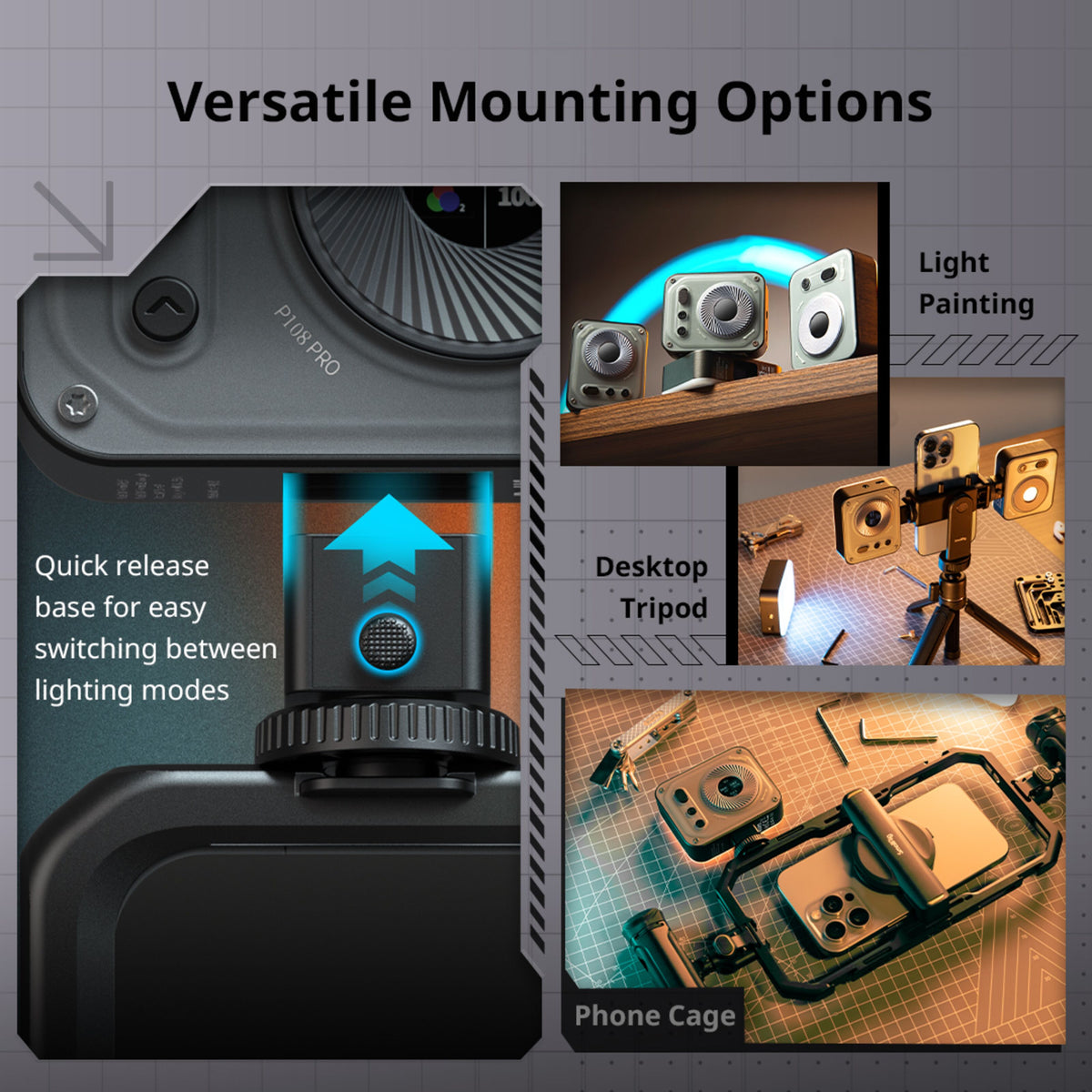 SmallRig Vibe P108 Pro RGBWW mini-LED-videolampe med hurtigudløser, monteret på stativ og telefonholder, 2500–6500 K, CRI 95+.