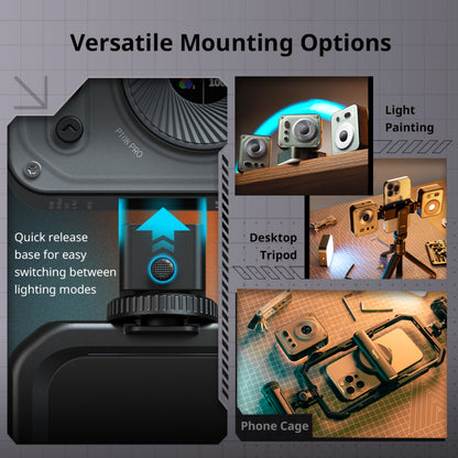 SmallRig Vibe P108 Pro RGBWW mini-LED-videolampe med hurtigudløser, monteret på stativ og telefonholder, 2500–6500 K, CRI 95+.