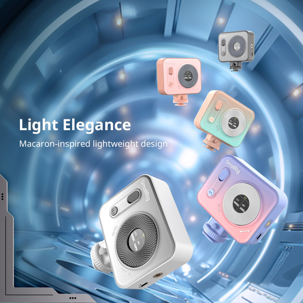 SmallRig Vibe P108 Pro mini-LED-videolampe i hvid, lyserød, mint og blå, RGBWW, CRI 95+, 2500–6500 K.