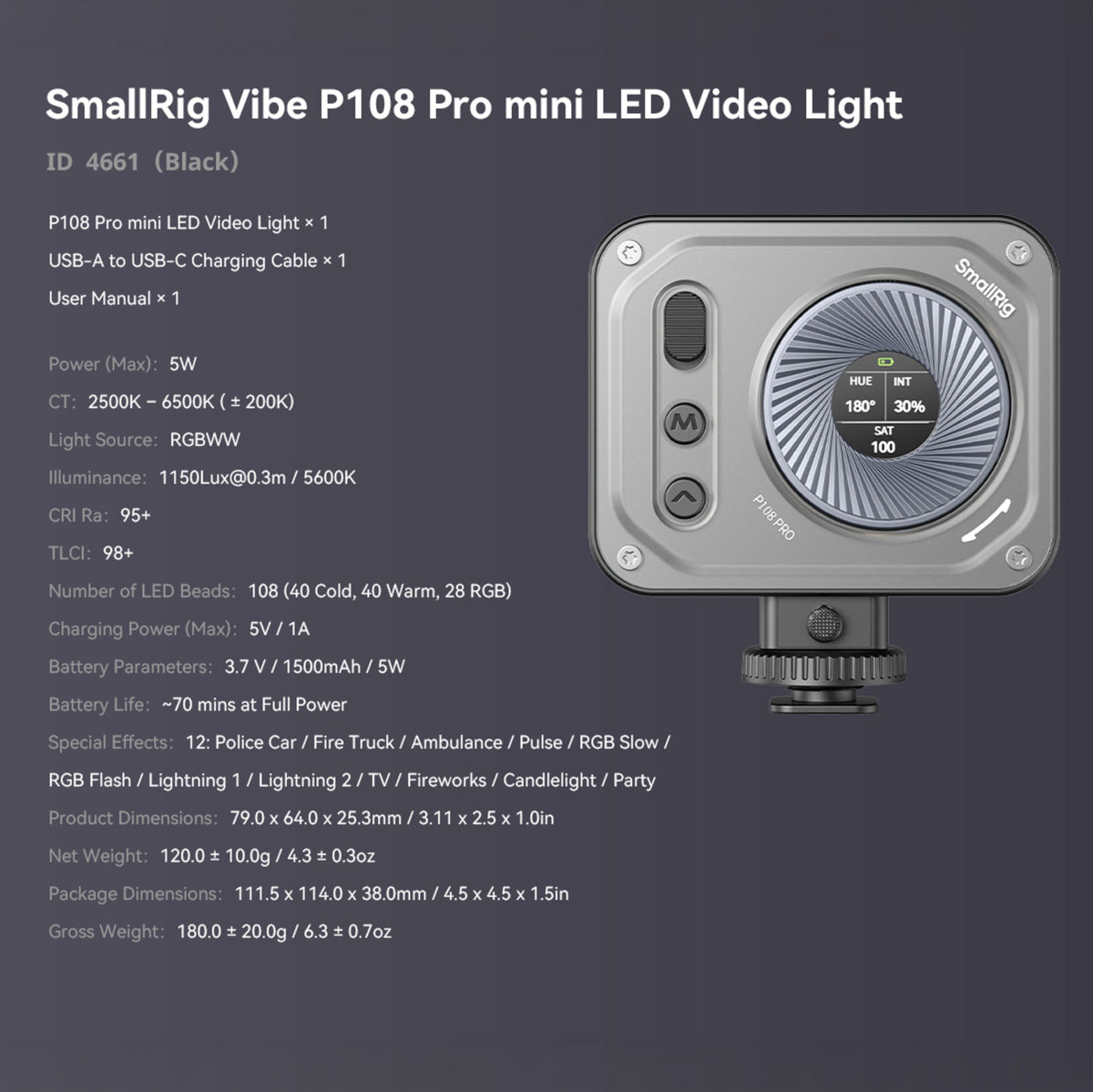 SmallRig Vibe P108 Pro RGBWW LED-videolampe 2500–6500 K, CRI 95+ med cirkulær skærm – HUE, INT, SAT og tekniske specifikationer.