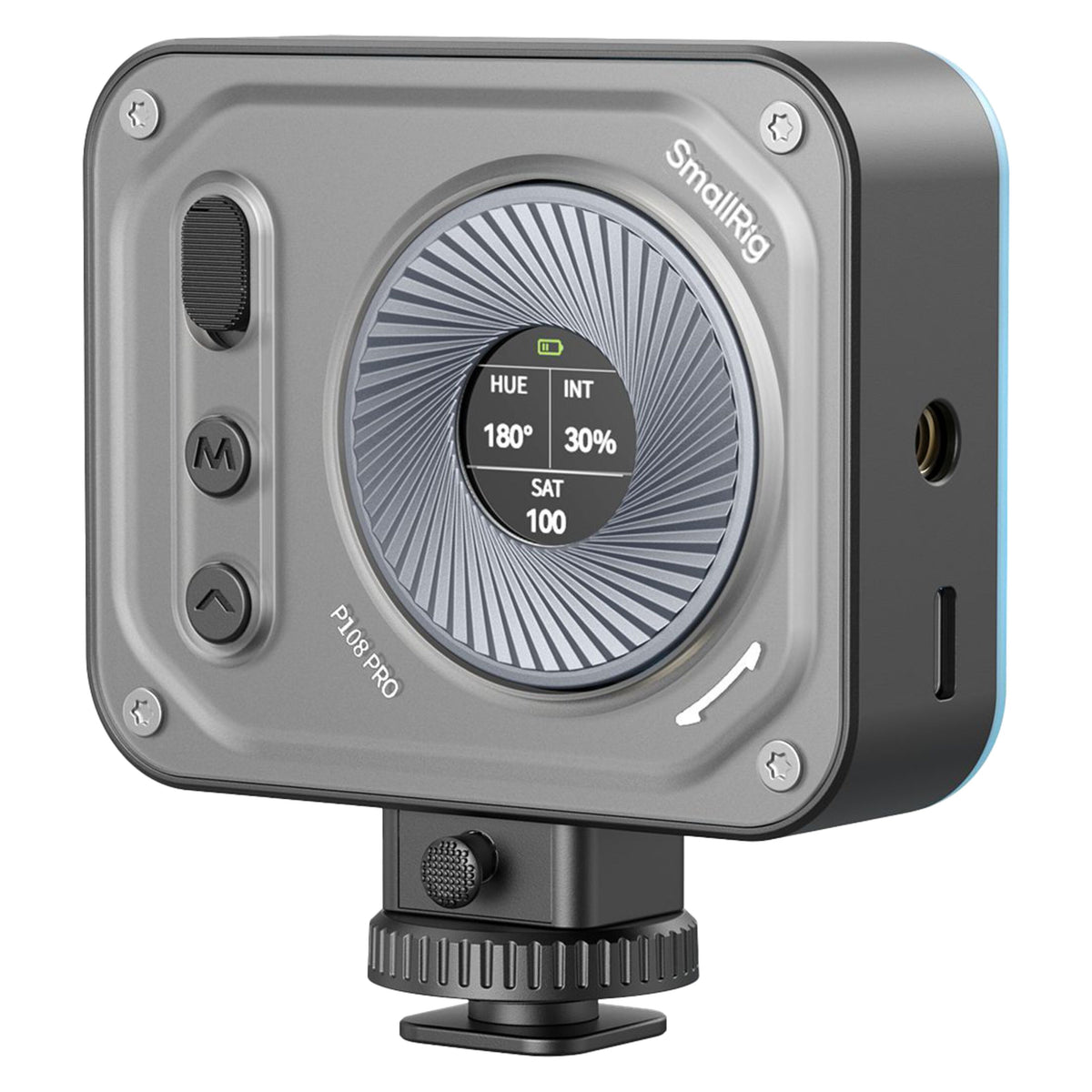 SmallRig Vibe P108 Pro mini-LED-videolampe med RGBWW og rundt digitalt display til visning af farvetone, lysstyrke og mætning.