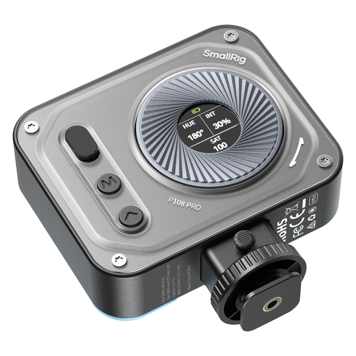 SmallRig Vibe P108 Pro RGBWW mini-LED-videolampe, 2500–6500 K, CRI 95+, rundt display, sideknapper og cold shoe-beslag.