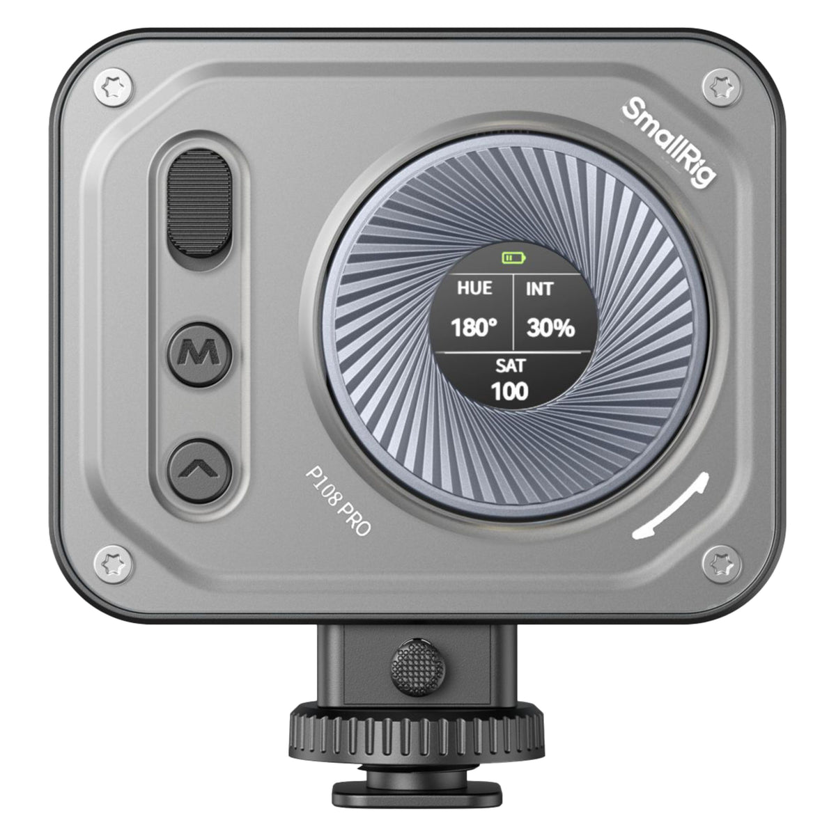 SmallRig Vibe P108 Pro mini-LED-videolampe, RGBWW, CRI 95+, 2500–6500 K med rundt digitalt display til indstillinger.
