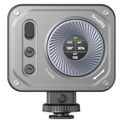 SmallRig Vibe P108 Pro mini-LED-videolampe, RGBWW, CRI 95+, 2500–6500 K med rundt digitalt display til indstillinger.