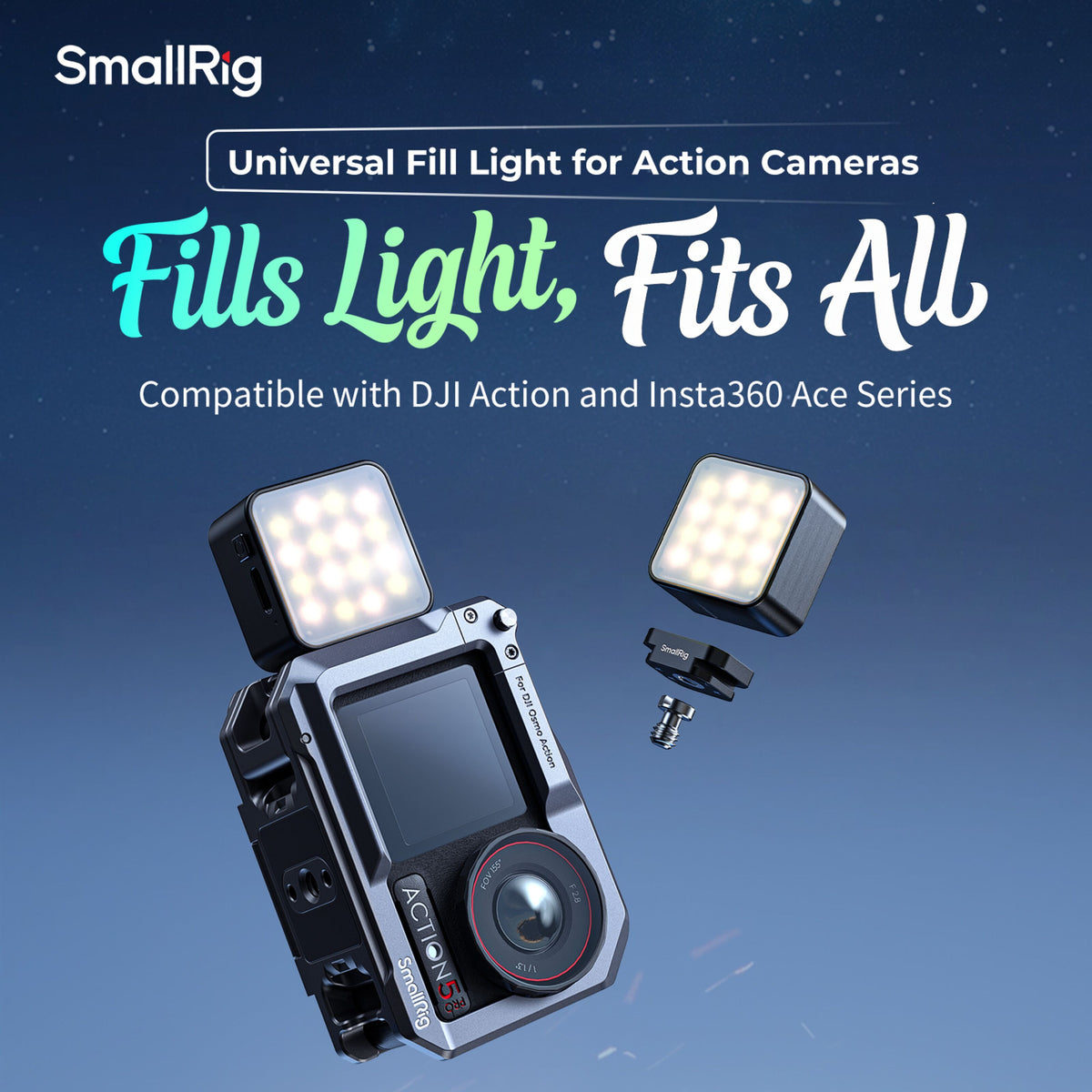 SmallRig LED Fill Light 2W-videolampe til actionkamera, monteret på kameraet og som separat enhed med skruemontering.