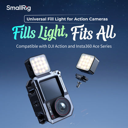 SmallRig LED Fill Light 2W-videolampe til actionkamera, monteret på kameraet og som separat enhed med skruemontering.