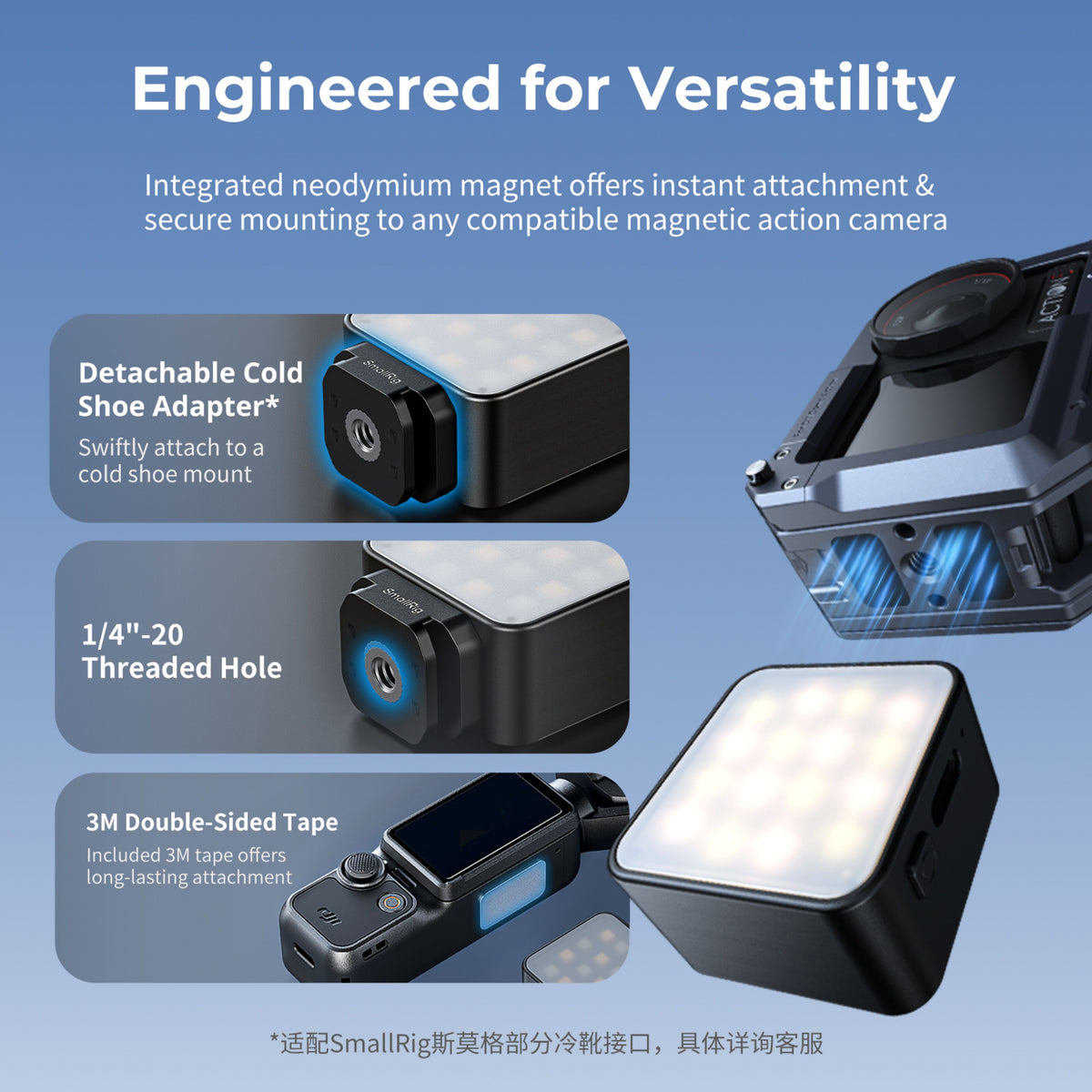 SmallRig LED-videolampe til actionkamera, 2 W, magnetisk bagside, cold shoe, 1/4-tomme gevind og klæbebånd.