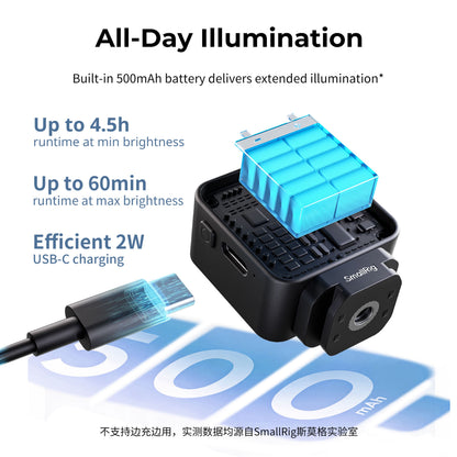 SmallRig LED-videolampe på 2 W til actionkamera med synligt batteri, USB-C-kabel og display med batteristatus.