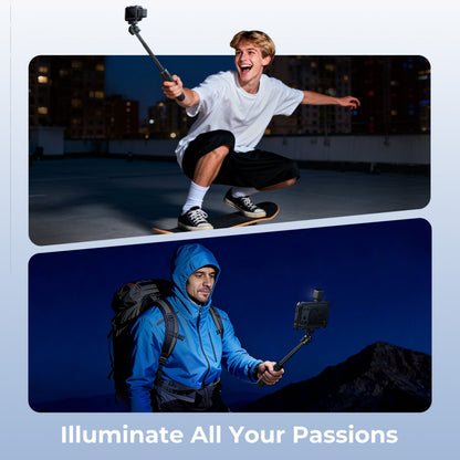 SmallRig LED Fill Light 2W-videolampe monteret på smartphone og actionkamera til natoptagelser.