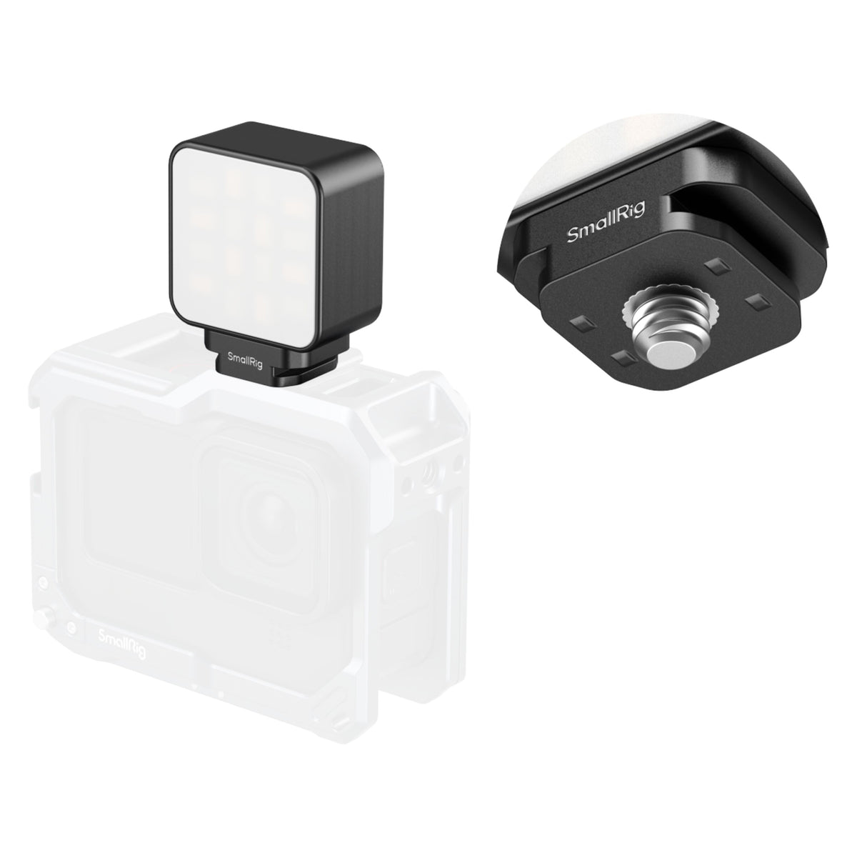 SmallRig LED-videolampe (2 W) monteret på et actionkamera, nærbillede af monteringsskruen i bunden.
