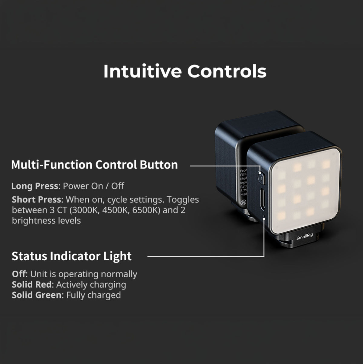 SmallRig LED-videolampe til actionkamera, 2 W, med sideknap, statusindikator og frontpanel med betjeningsvejledning.