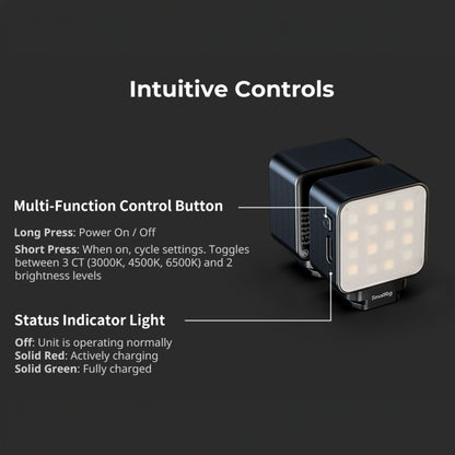 SmallRig LED-videolampe til actionkamera, 2 W, med sideknap, statusindikator og frontpanel med betjeningsvejledning.