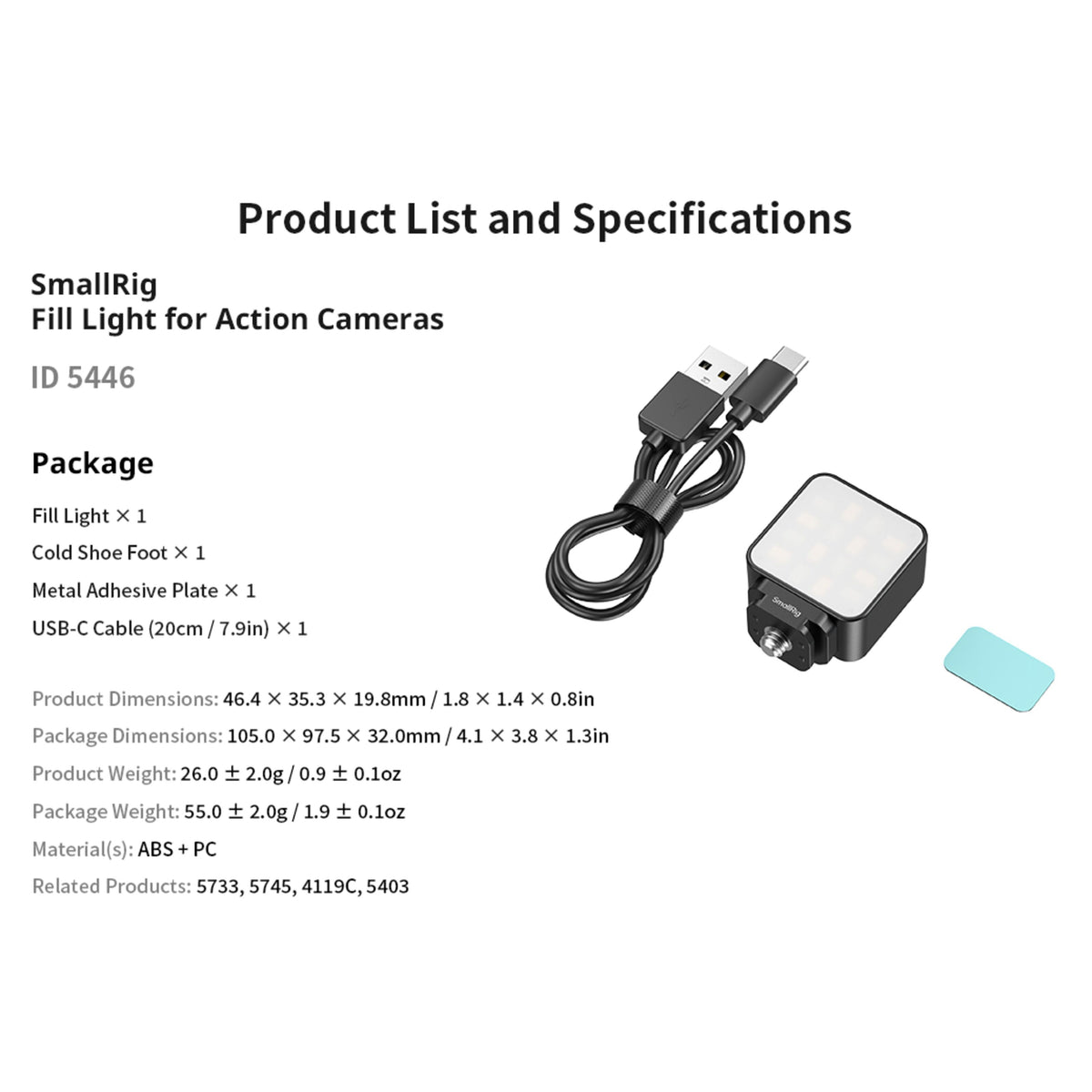 SmallRig LED-videolampe på 2 W til actionkamera med cold shoe-beslag, USB-C-kabel og metalplade.