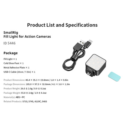 SmallRig LED-videolampe på 2 W til actionkamera med cold shoe-beslag, USB-C-kabel og metalplade.