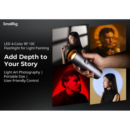 SmallRig RF 10C LED-videolampe med fokuserbar lysstråle og 20 gobofiltre, vist med fire eksempler på lyseffekter.