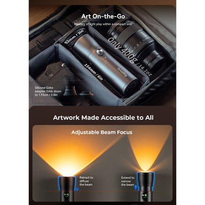 SmallRig RF 10C LED-videolampe, 154 x 52 mm cylindrisk lampe, 400 g, justerbar fokus og 20 gobofiltre.