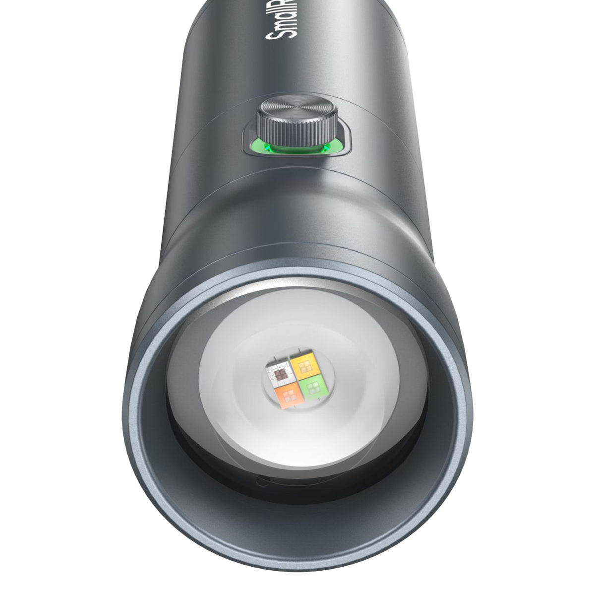 SmallRig RF 10C LED-videolampe, cylindrisk form, fokuserbar lysstråle, 20 gobofiltre, centralt placeret lyskilde og kontrolhjul.