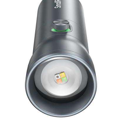 SmallRig RF 10C LED-videolampe, cylindrisk form, fokuserbar lysstråle, 20 gobofiltre, centralt placeret lyskilde og kontrolhjul.