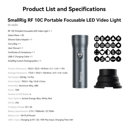 SmallRig RF 10C LED-videolampe med fokuserbar lysstråle, rund knap, 20 gobofiltre og silikoneadapter.