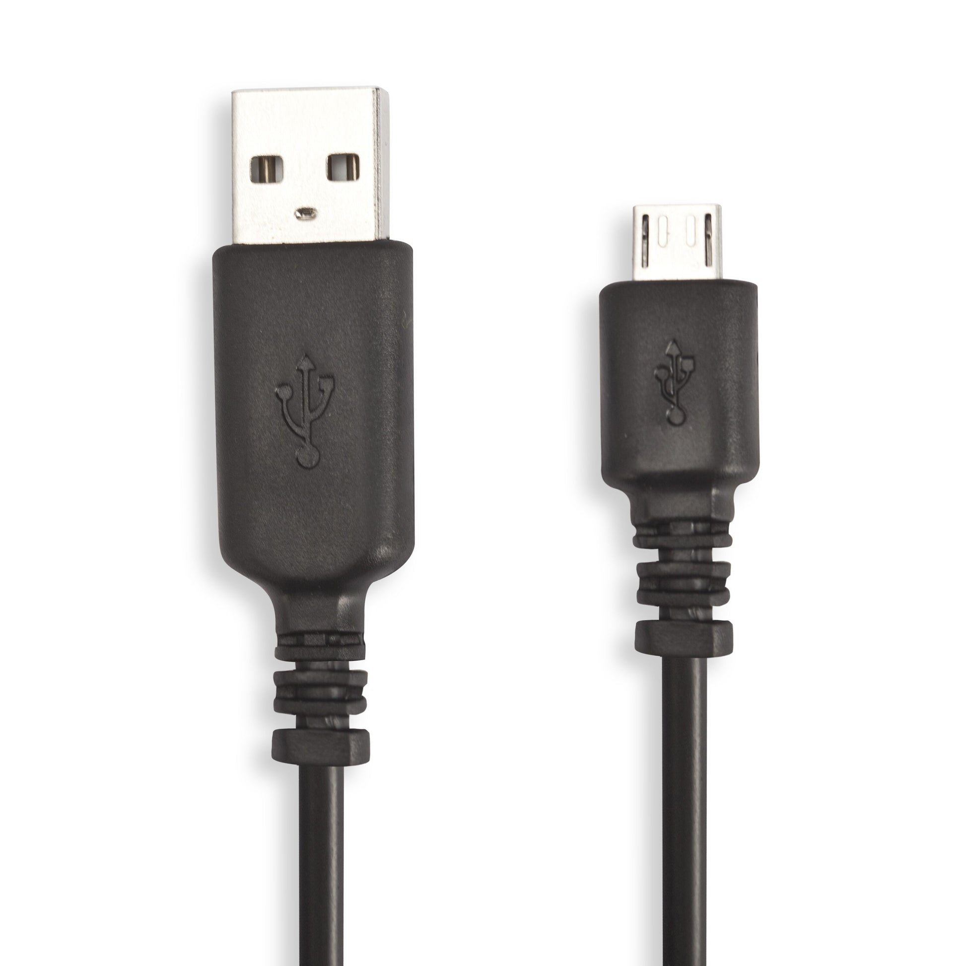 Micro-USB-kabel 1 m sort med USB-A og micro-USB-stik, begge med USB-symbol, understøtter USB 2.0 opladning/data.