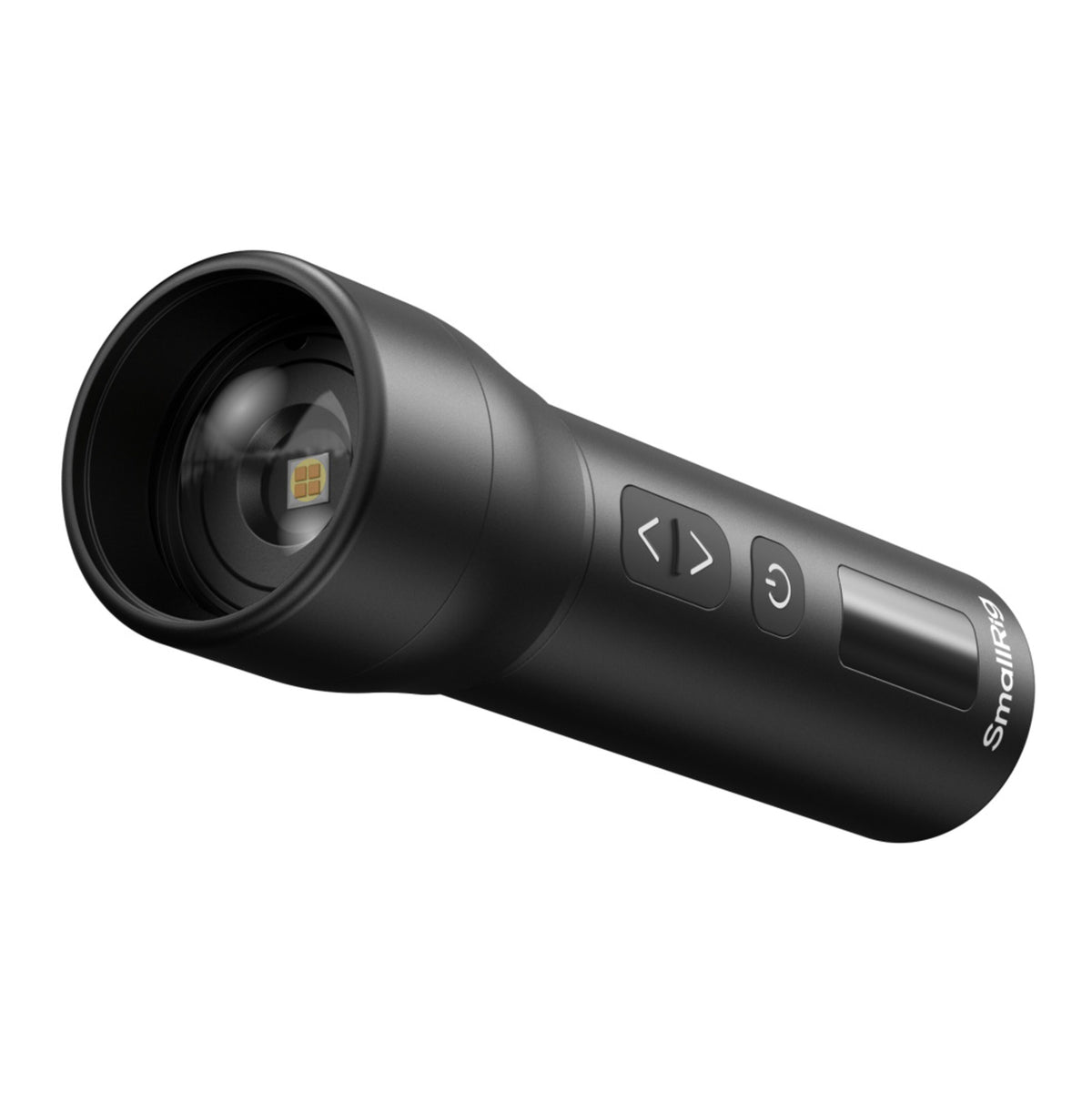 SmallRig RF 05B bærbar LED-videolampe med zoom, glaslinse, tænd/sluk-knap, farvetemperaturregulering og LCD-skærm.