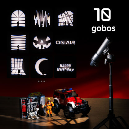 SmallRig RF 05B bærbar LED-videolampe med zoom, 1900–8000 K, IP65 på stativ, der belyser legetøj på bordet.