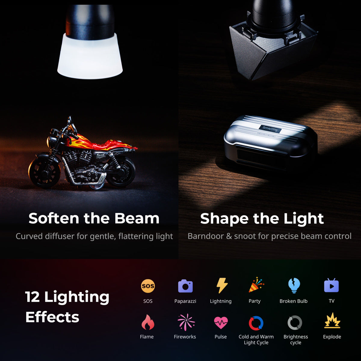 SmallRig RF 05B LED-videolampe, 1900–8000 K, IP65, zoom, kuppelformet diffusor, barndoors og ikoner til 12 lyseffekter ved motorcykel.