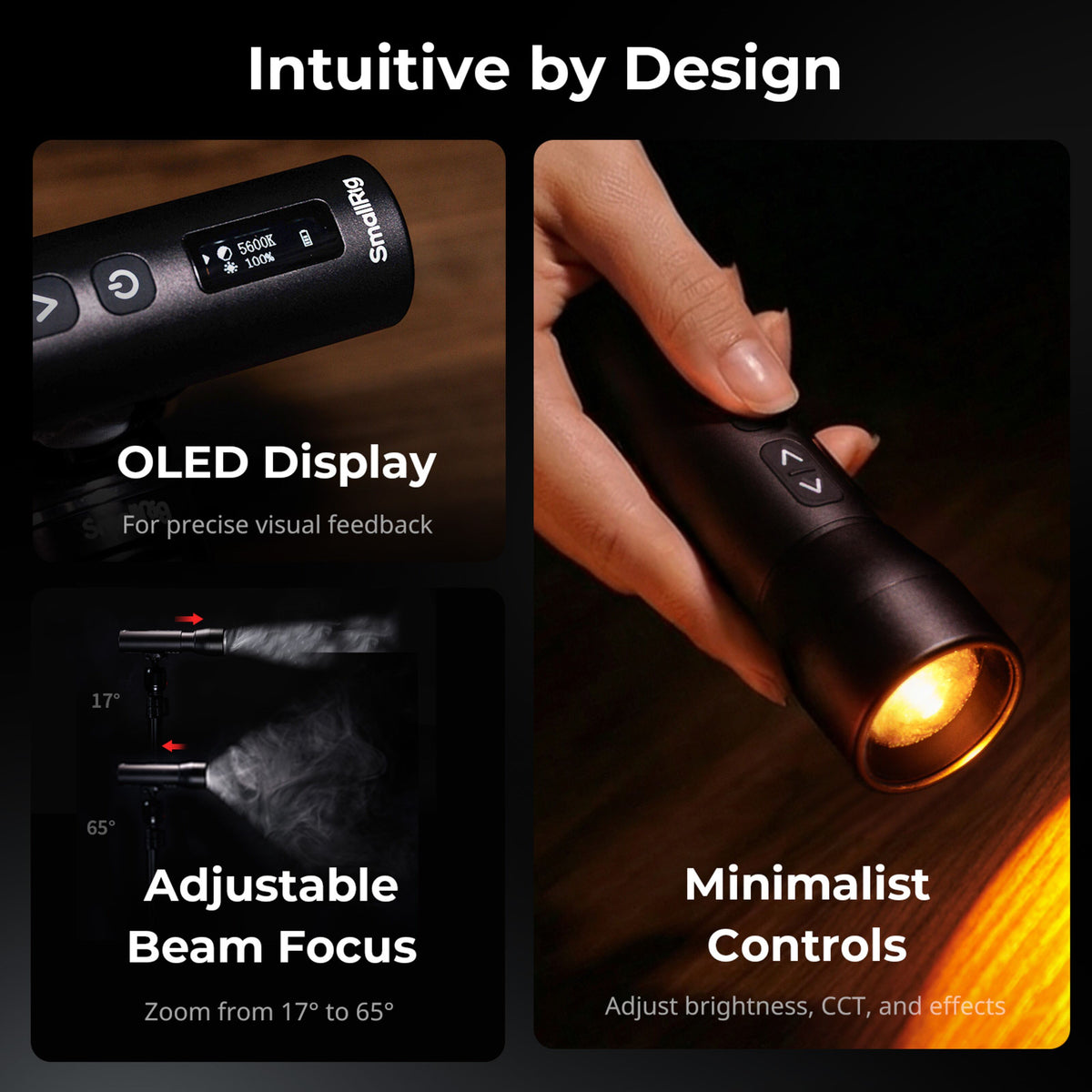 SmallRig RF 05B LED-videolampe med justerbar farvetemperatur, OLED-skærm og manuel zoom-fokus 17–65 grader.