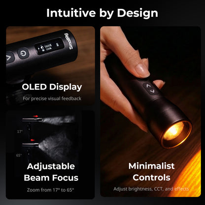 SmallRig RF 05B LED-videolampe med justerbar farvetemperatur, OLED-skærm og manuel zoom-fokus 17–65 grader.