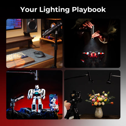 SmallRig RF 05B bærbar LED-videolampe med zoom, 1900–8000 K, IP65 på stativ ved skrivebordet, robot og blomster.