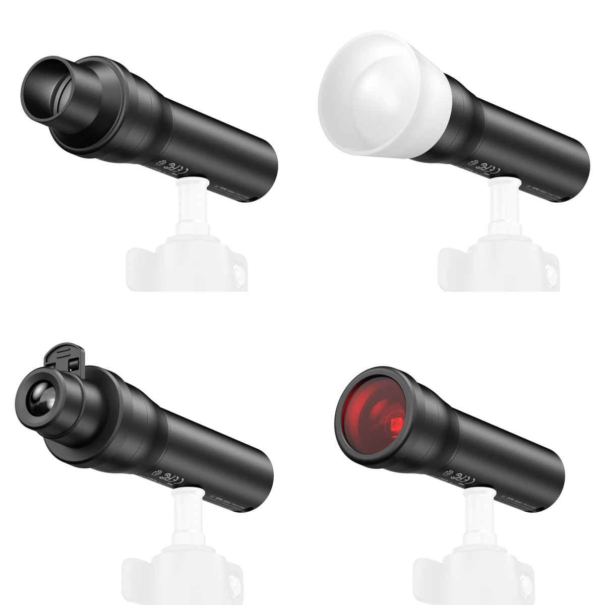 SmallRig RF 05B LED-videolampe med monteringsbeslag, zoomlinse, hvid diffusor, åben linse og rødt filter i fire vinkler.