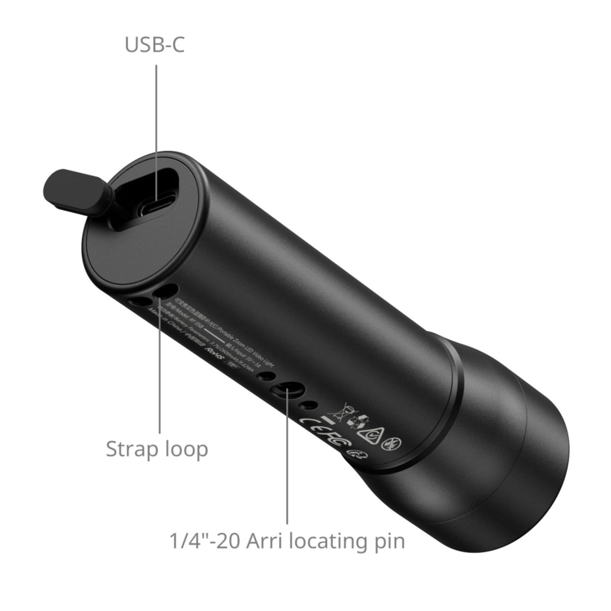 SmallRig RF 05B bærbar LED-videolampe, cylindrisk lampe med USB-C-port, bæreslynge og 1/4-20 Arri-gevind.