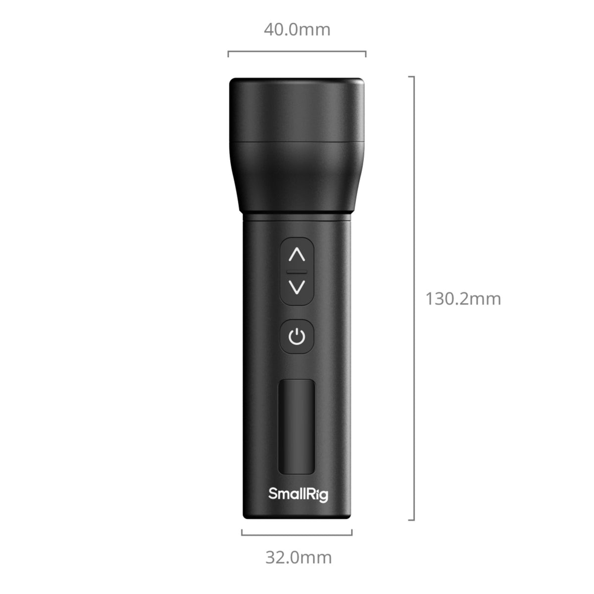 SmallRig RF 05B bærbar LED-videolampe med justerbar farvetemperatur, betjeningsknapper og måleenhed i millimeter.
