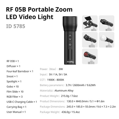SmallRig RF 05B bærbar LED-videolampe med zoom, betjeningsknapper, barndoors, diffusorer og filtre.