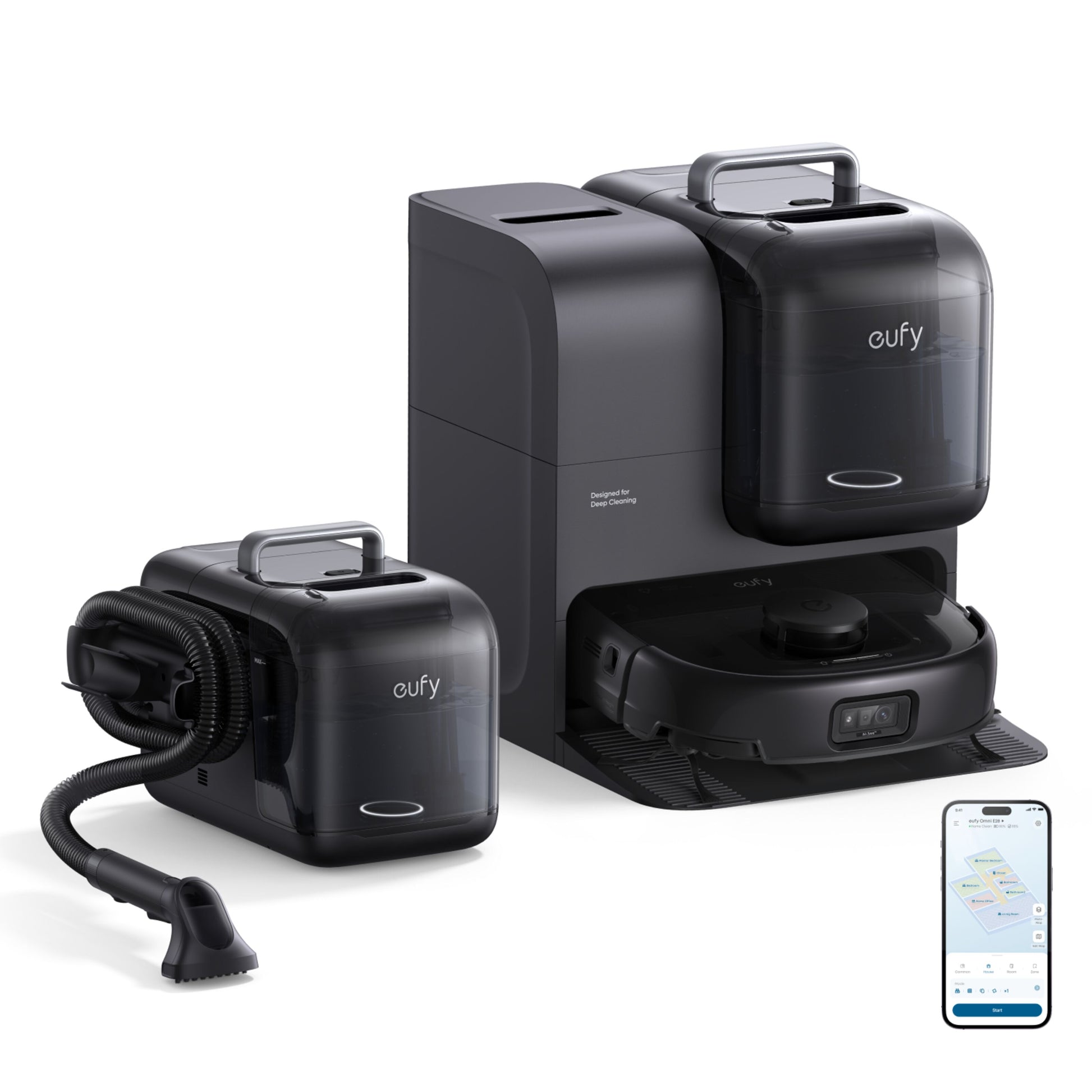 Eufy Omni E28 robotstøvsuger med moppe, basestation, aftagelig håndholdt støvsuger og smartphone med rengøringsapp, sort.