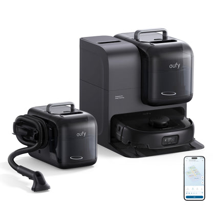 Eufy Omni E28 robotstøvsuger med moppe, basestation, aftagelig håndholdt støvsuger og smartphone med rengøringsapp, sort.