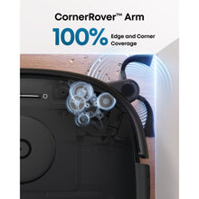 Eufy Omni E28 robotstøvsuger moppe basestation sort med CornerRover Arm og teknisk grafik til rengøringsmekanisme.