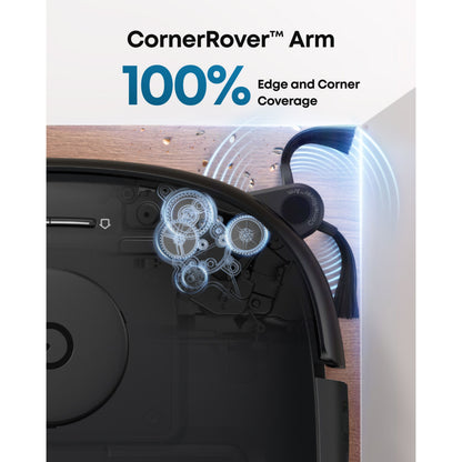 Eufy Omni E28 robotstøvsuger moppe basestation sort med CornerRover Arm og teknisk grafik til rengøringsmekanisme.
