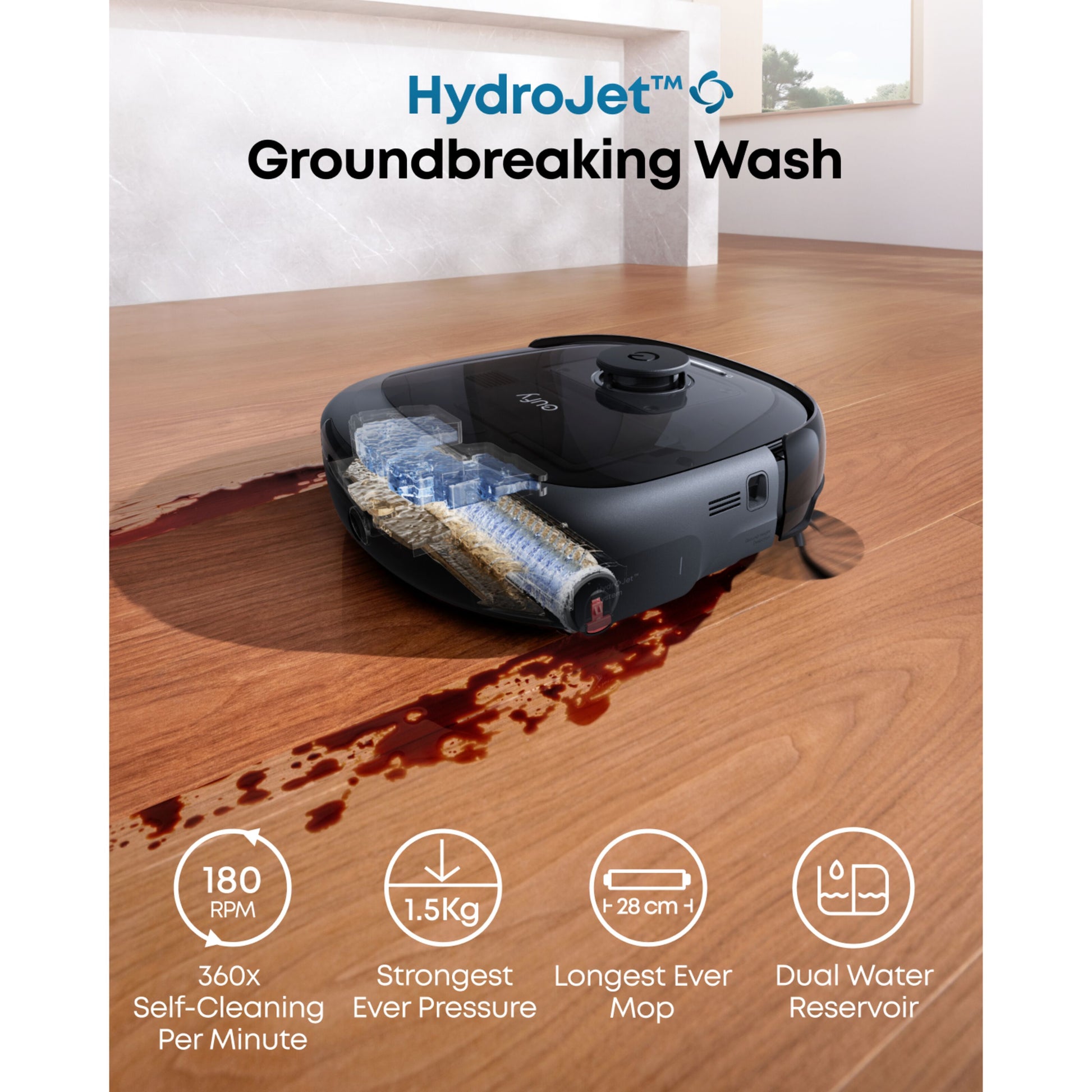 Eufy Omni E28 robotstøvsuger med moppe, basestation, HydroJet vask, 180 RPM selvrens, dobbelt vandreservoir.