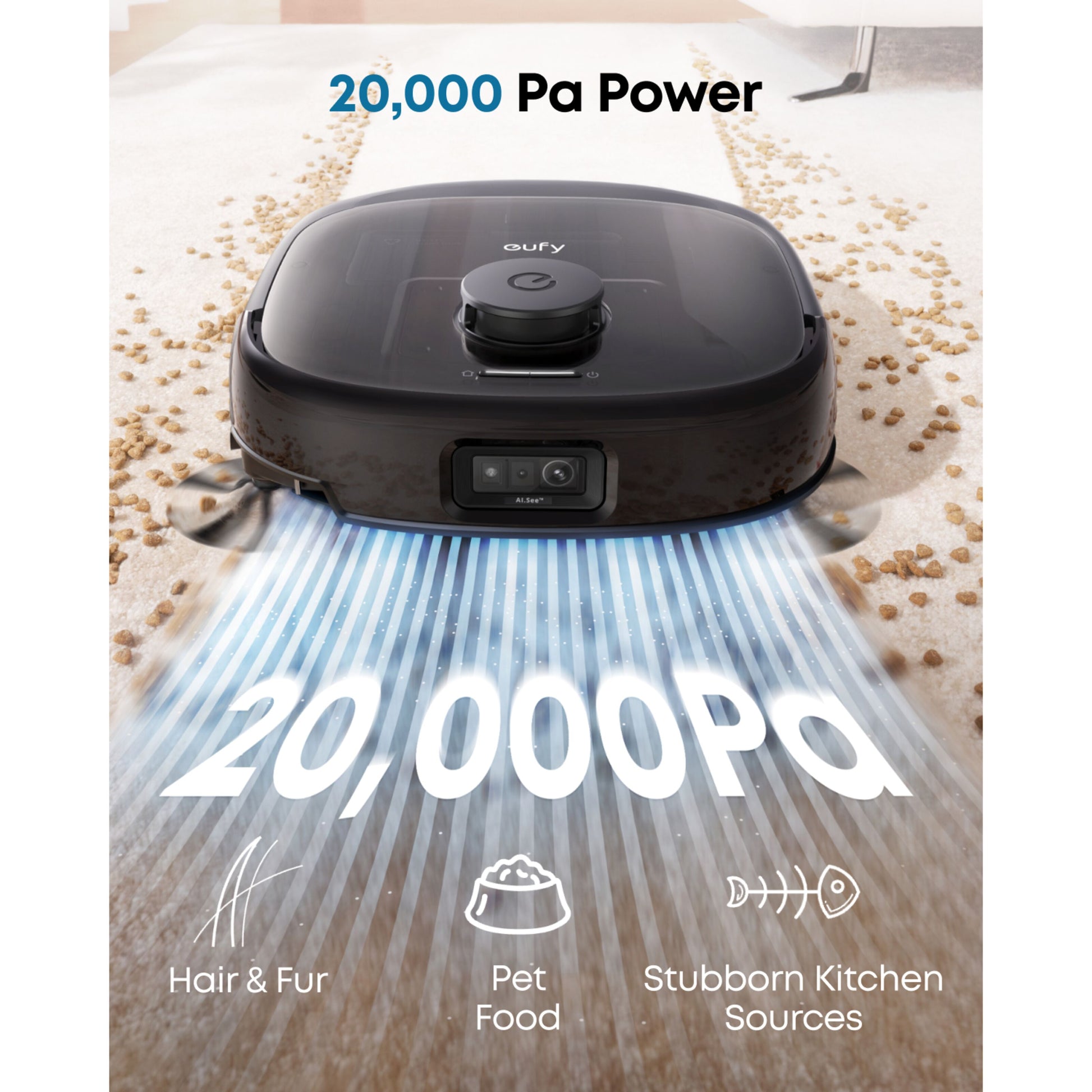 Eufy Omni E28 robotstøvsuger med moppe og basestation sort, 20.000 Pa sugeevne til tæpper med synligt snavs.