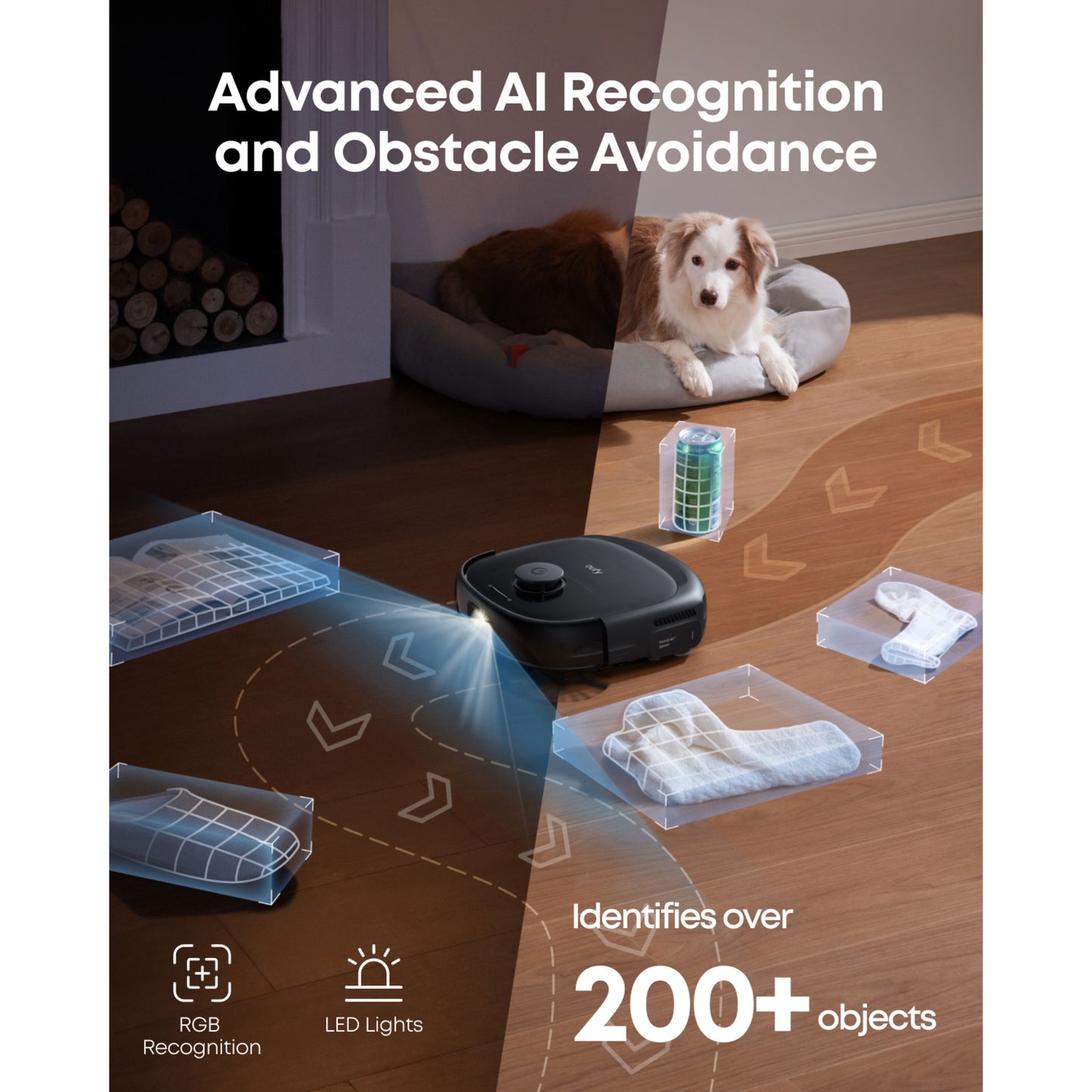 Eufy Omni E28 robotstøvsuger med moppe og basestation, avanceret AI-genkendelse og forhindringsundgåelse.