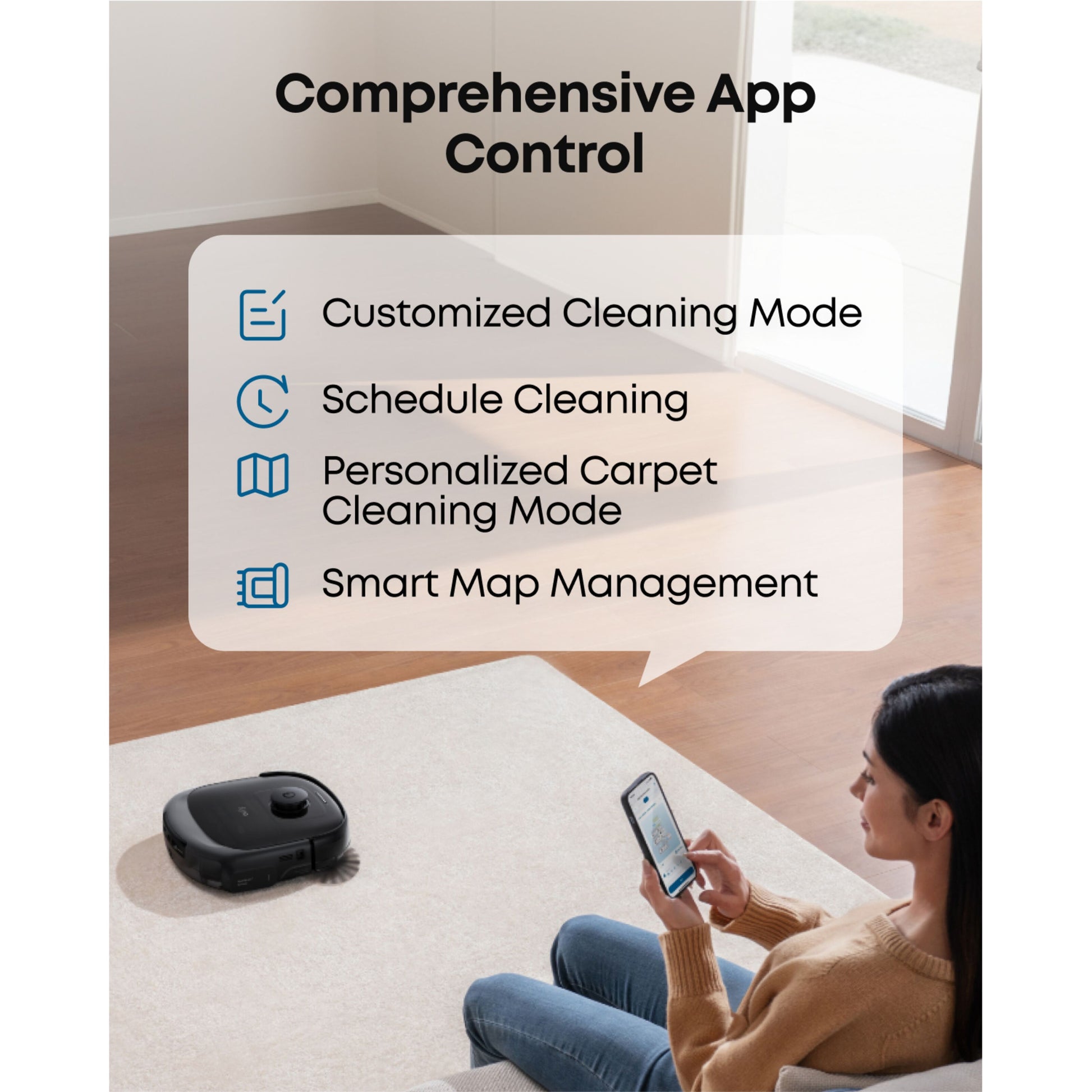 Eufy Omni E28 robotstøvsuger med moppe, sortere, styre med smartphone, inkl. basestation og synlig app-kontrol.