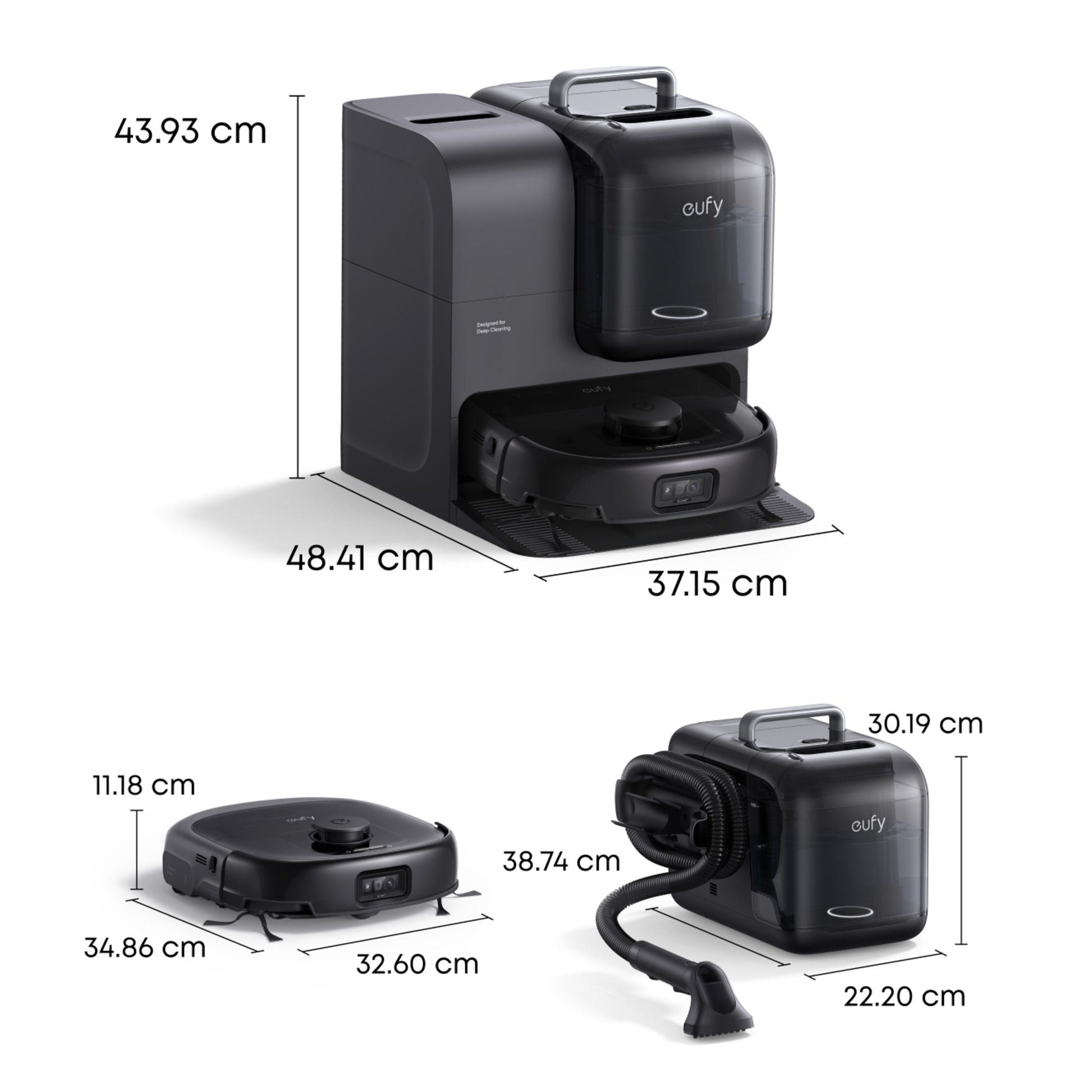 Eufy Omni E28 robotstøvsuger med moppe og basestation, flere vinkler, mål: 43,93×48,41×37,15 cm og 11,18×34,86×32,60 cm.